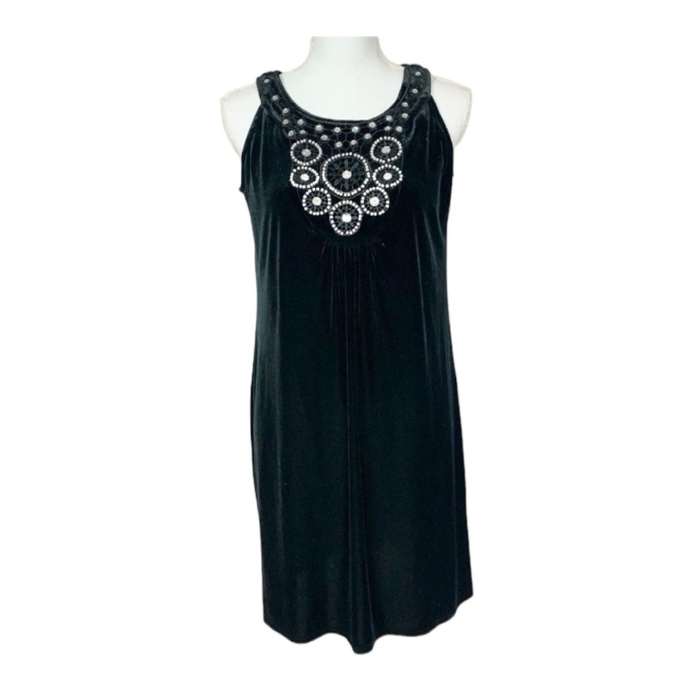Another Thyme Vintage Black Velvet Rhinestone Embellished Dress Size 6 Petite